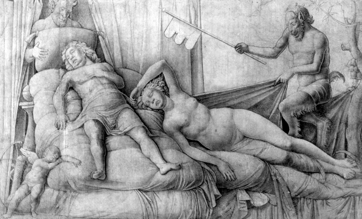 Mujer desnuda dormida con Cupido y sátiros de Andrea Mantegna