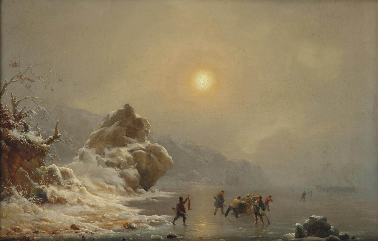 Un paisaje invernal con cazadores en el hielo de Andreas Achenbach