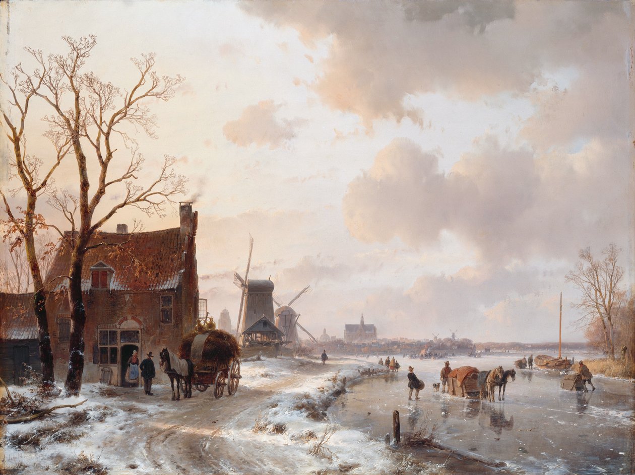 Paisaje invernal con caballos en el hielo de Andreas Schelfhout