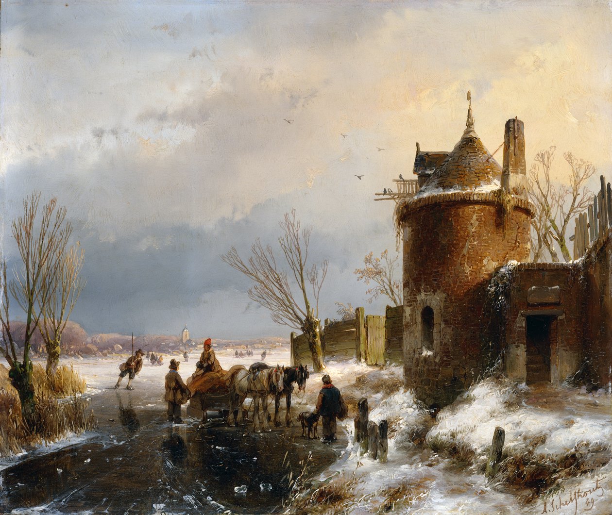 Escena de invierno (óleo sobre tabla) de Andreas Schelfhout