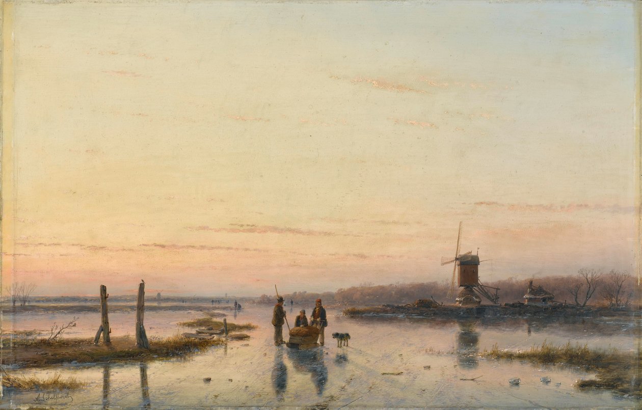 Molino de viento junto a un río helado de Andreas Schelfhout