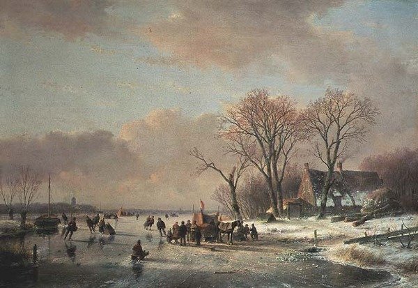 Paisaje de río invernal con numerosos patinadores de Andreas Schelfhout