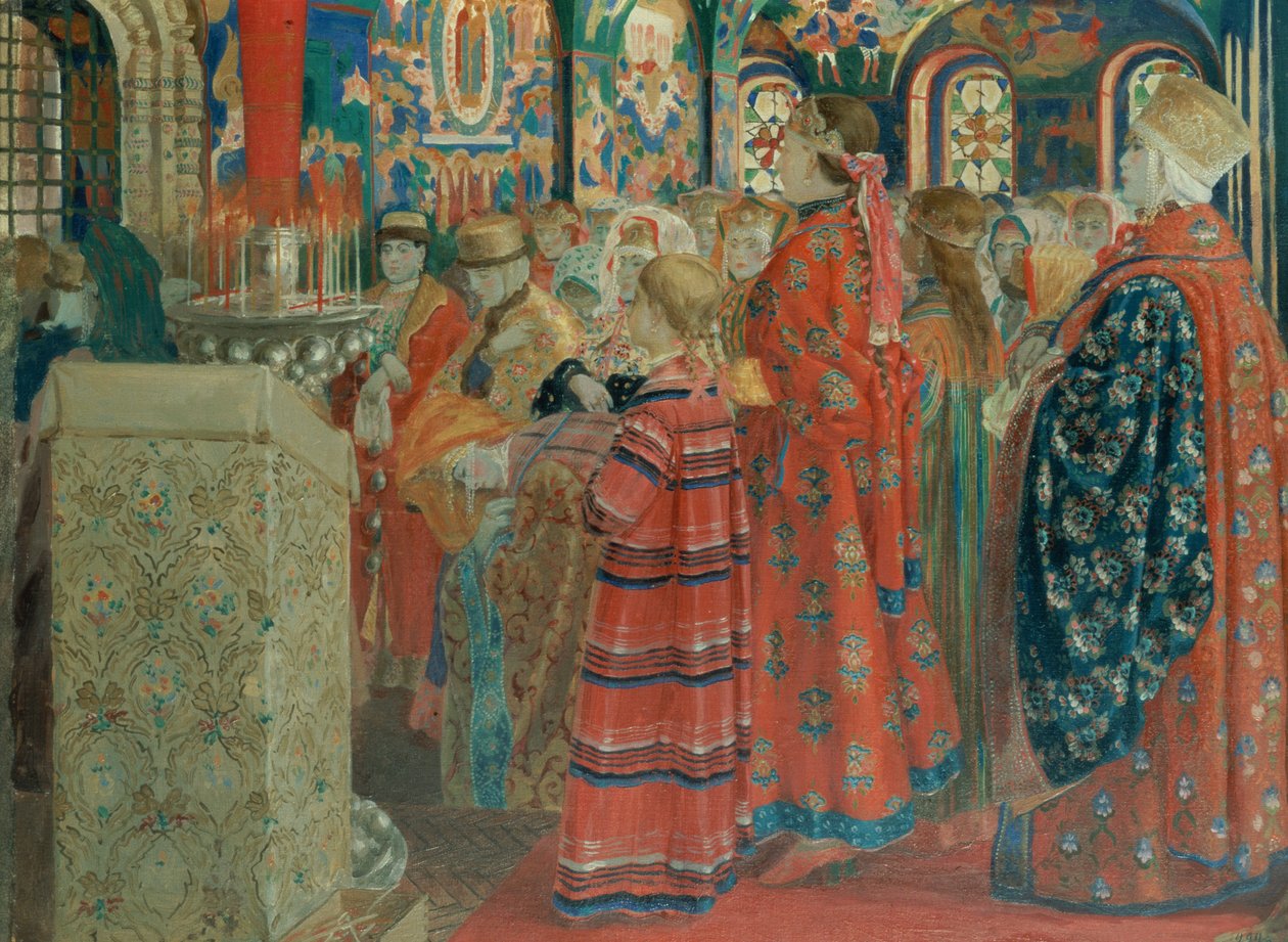 Mujeres rusas del siglo XVII en la iglesia de Andrei Petrovich Ryabushkin