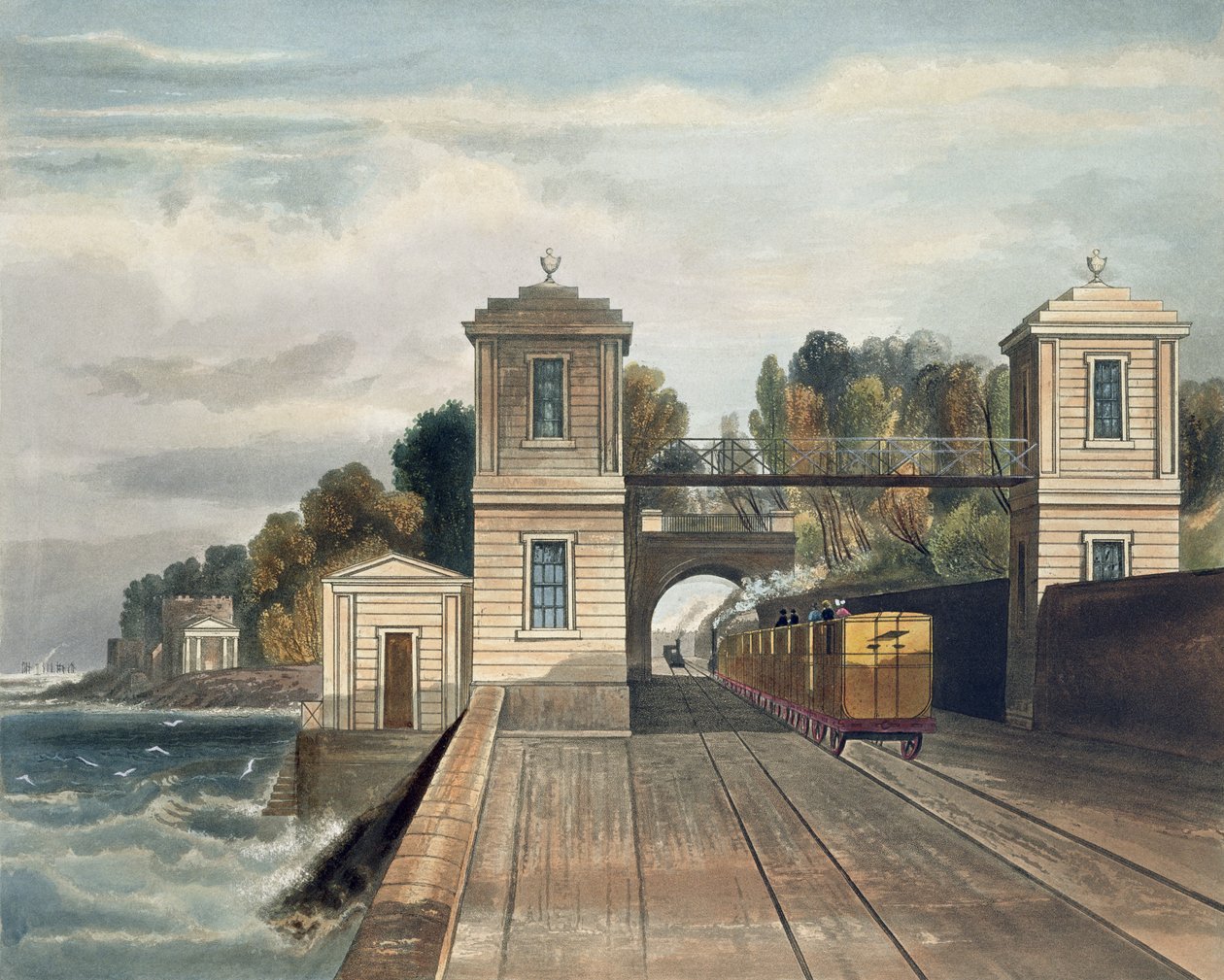 Ferrocarril de Dublín y Kingstown: Pabellones de granito y entrada del túnel en la finca de Lord Cloncurry en Maratimo cerca de Blackrock, puerto de Kingstown en la distancia, grabado por S.G. Hughes, 1834 de Andrew Nicholl