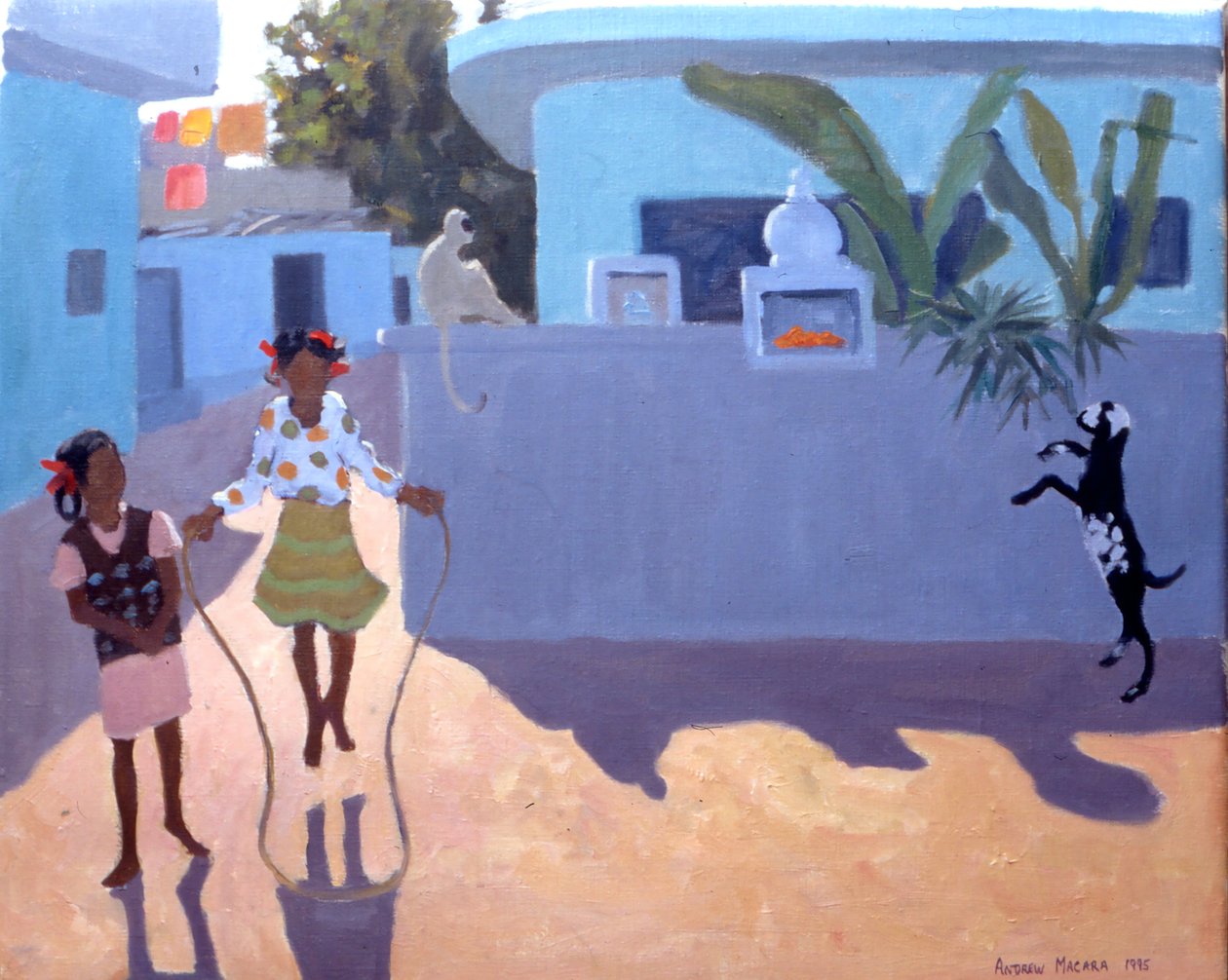 Niña saltando, mono y cabra, India de Andrew Macara