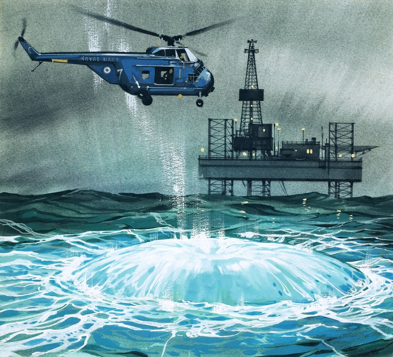 Un helicóptero se acerca a una plataforma petrolífera de Angus McBride