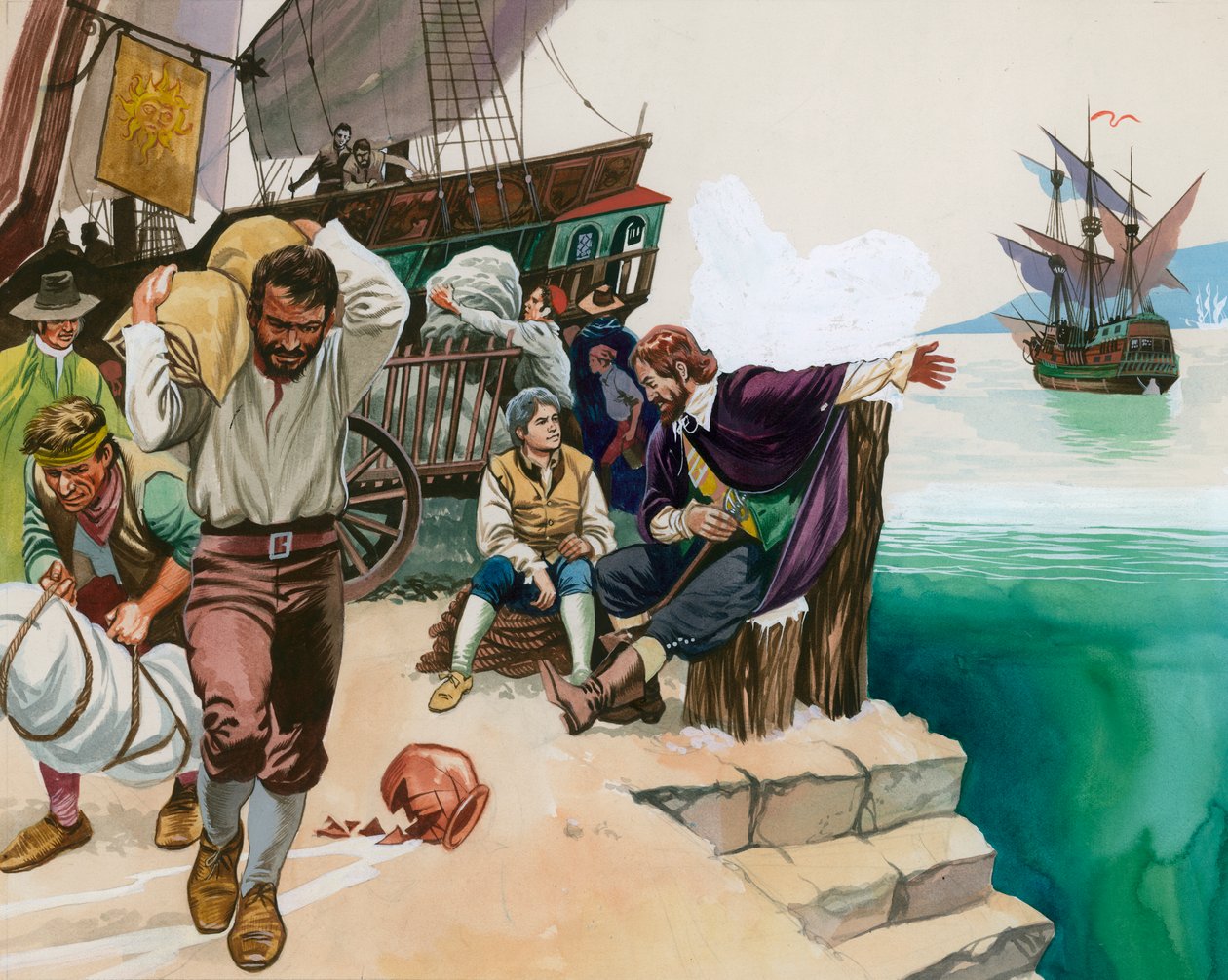 Piratas desembarcando en el puerto de Angus McBride