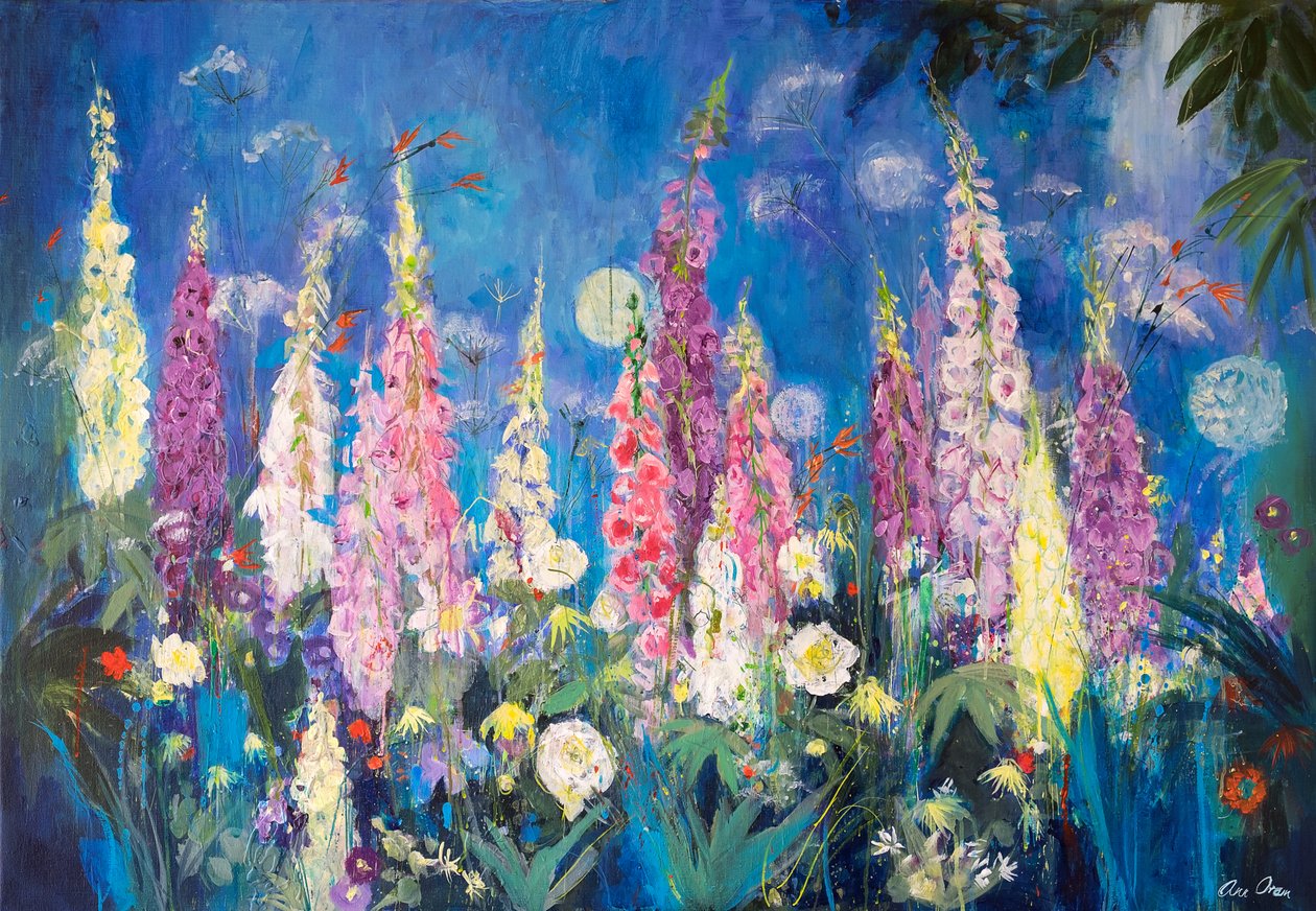 Guirnaldas de zorro y alliums, 2019 (acrílico) de Ann Oram