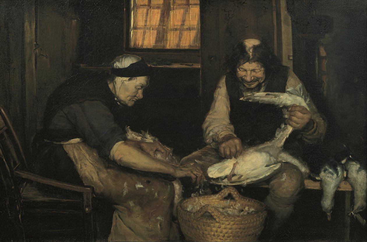 Pareja de ancianos desplumando gaviotas. Lars Gaihede y la vieja Lene de Anna Ancher