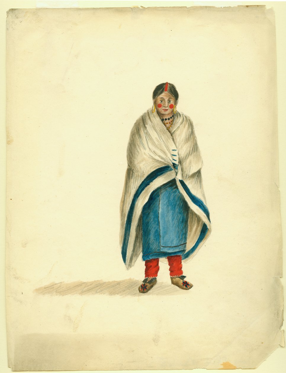 Mujer india con polainas rojas, envoltura azul y mocasines de cuero, dos puntos rojos en las mejillas, una franja roja en la cabeza y una manta de comercio india sobre los hombros de Anna Maria von Phul