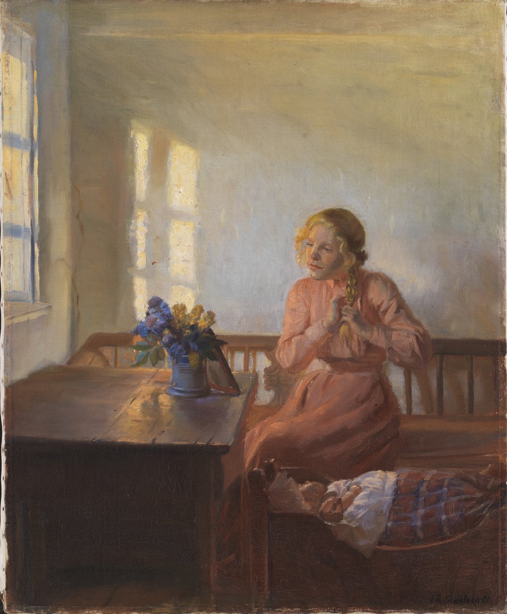 Una joven trenzando su cabello de Anna Ancher