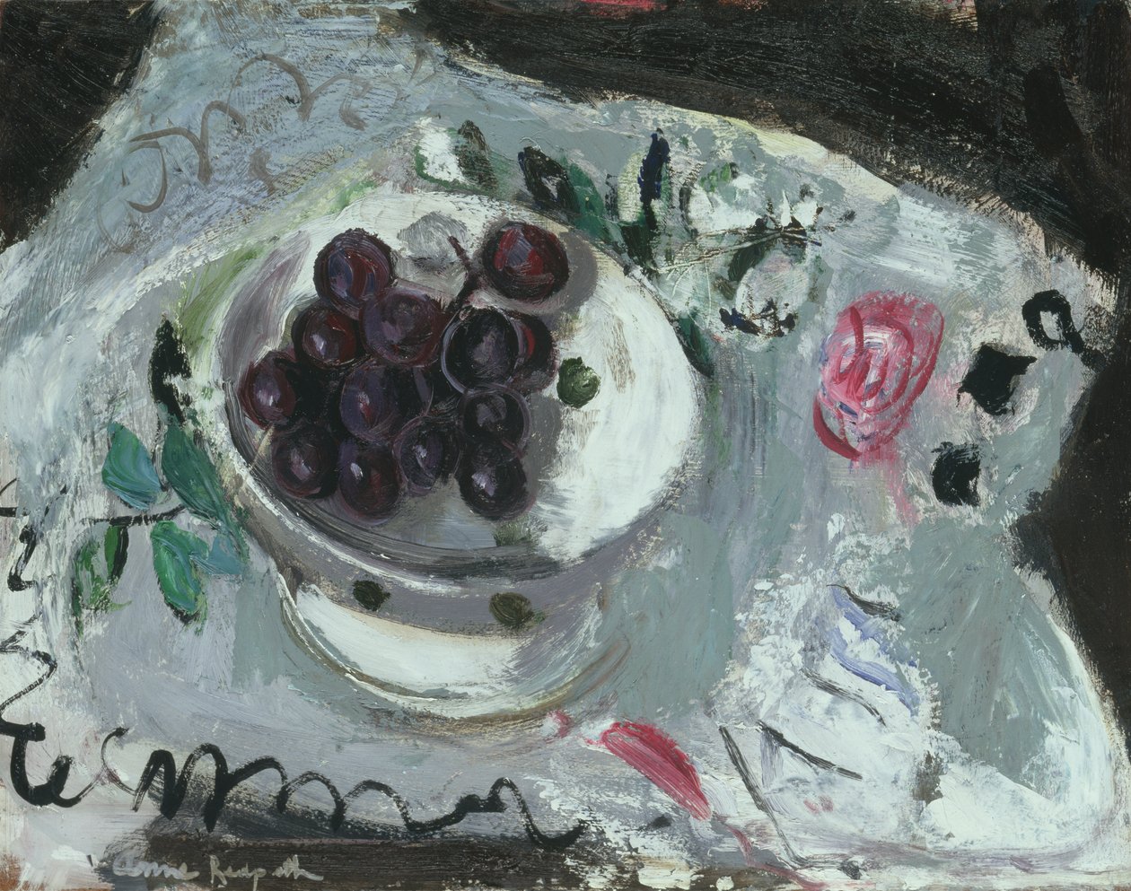 Plato de uvas, c.1957 (óleo sobre tabla) de Anne Redpath