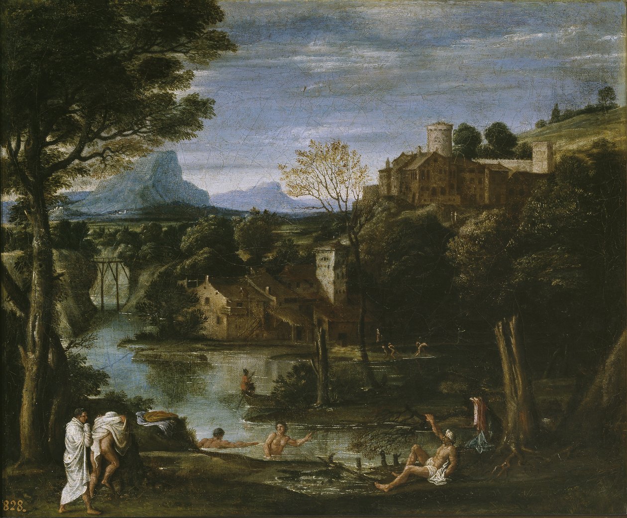 Paisaje con río y bañistas de Annibale Carracci