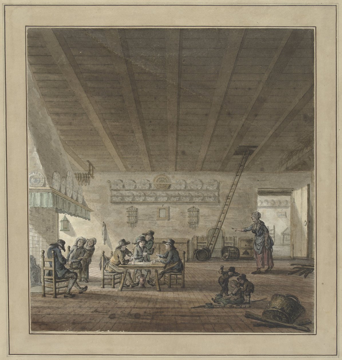 Interior de la posada con jugadores de cartas junto a una chimenea de Anonymous