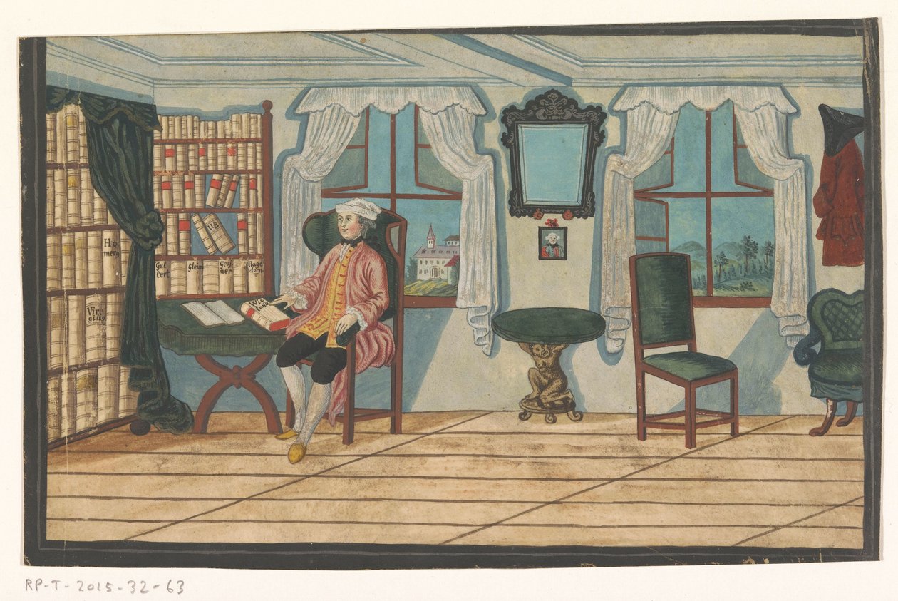 Interior con un hombre delante de una librería de Anonymous