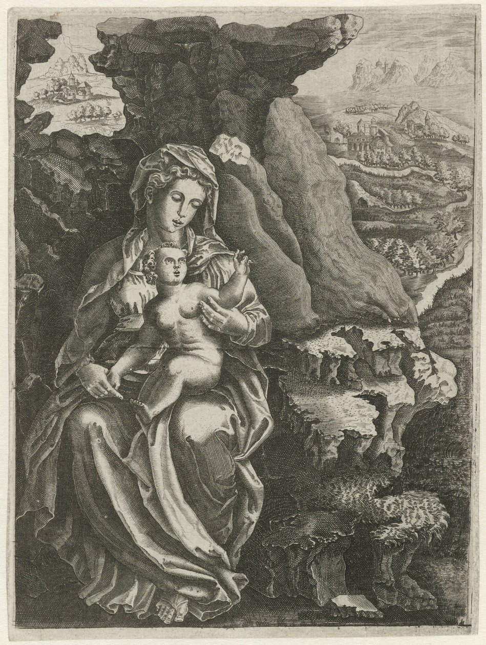 María con el Niño en un paisaje rocoso de Anonymous