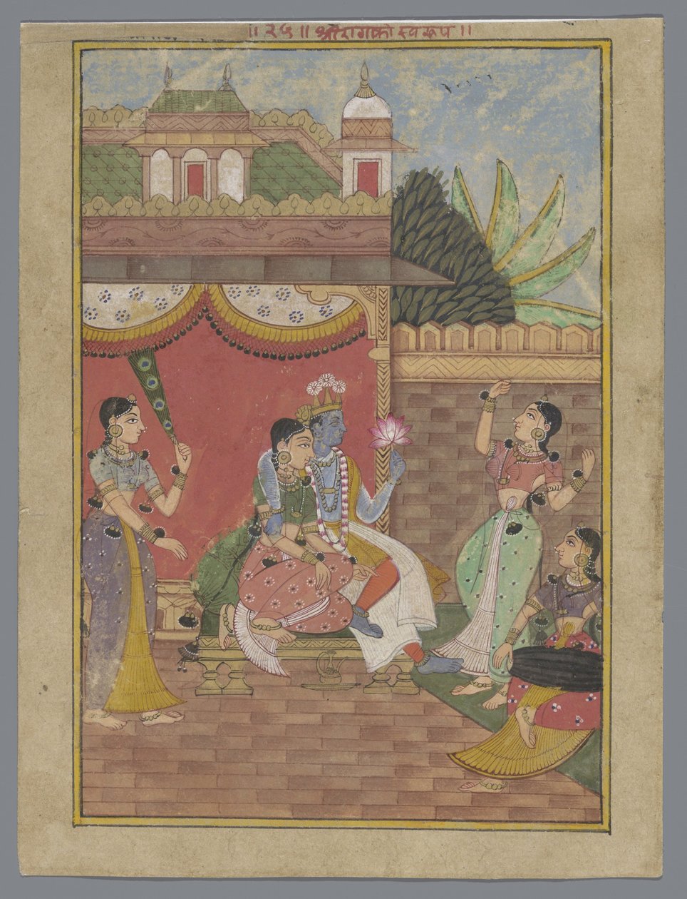 Radha y Krishna en un palacio (Ragamala) de Anonymous