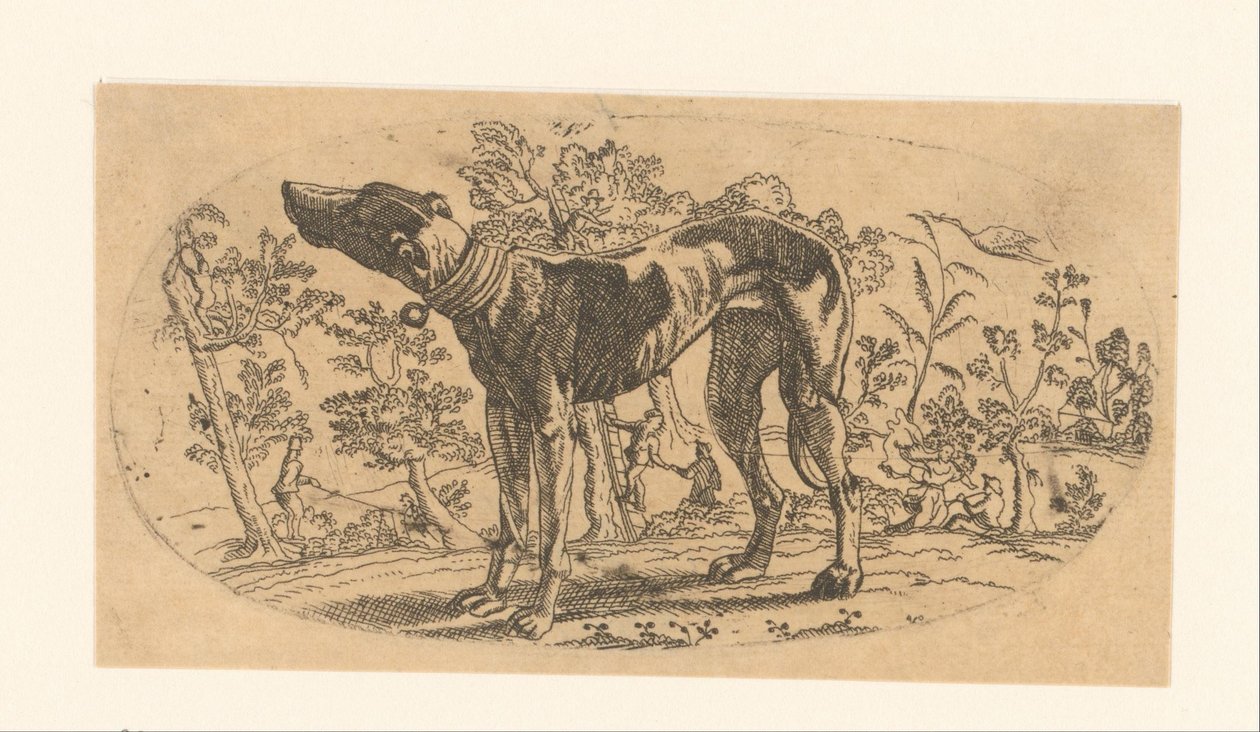 Perro de pie frente a un paisaje de Anonymous