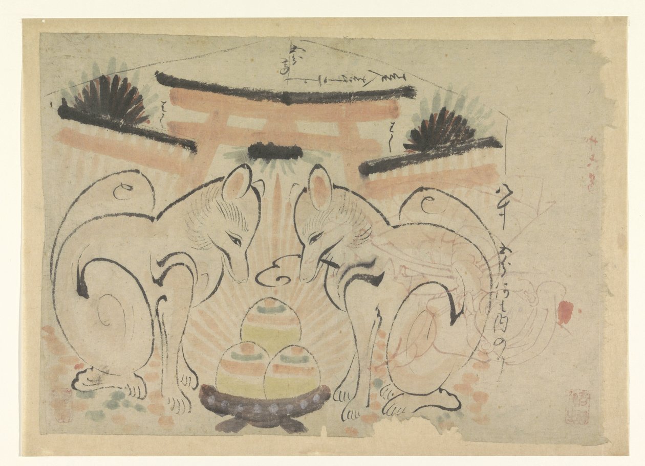 Dos zorros en un templo japonés de Anonymous