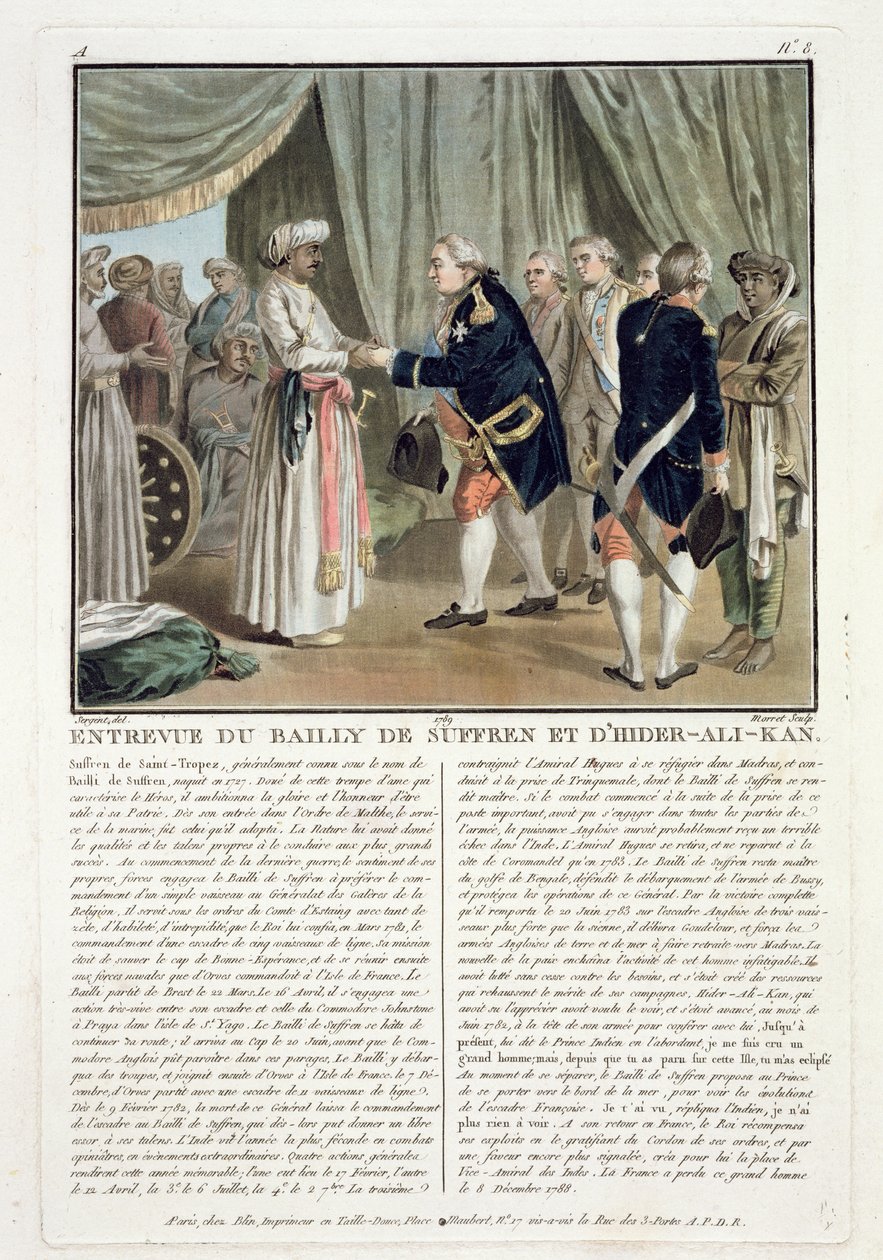 Encuentro de Pierre Andre de Suffren de Saint Tropez (1729-88) y Haider Ali (1728-82), 1782 de Antoine Louis Francois Sergent Marceau