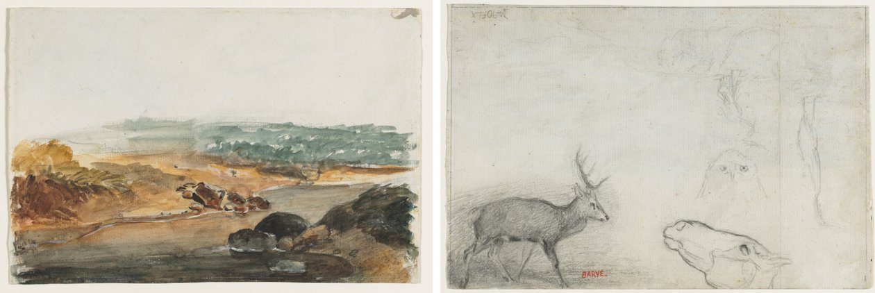 Paisaje (anverso); Estudios de animales (verso) de Antoine Louis Barye
