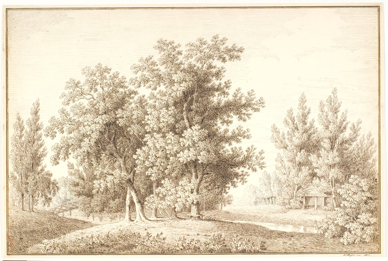 Parque con arroyo y pequeña cabaña de Anton Carl Dusch