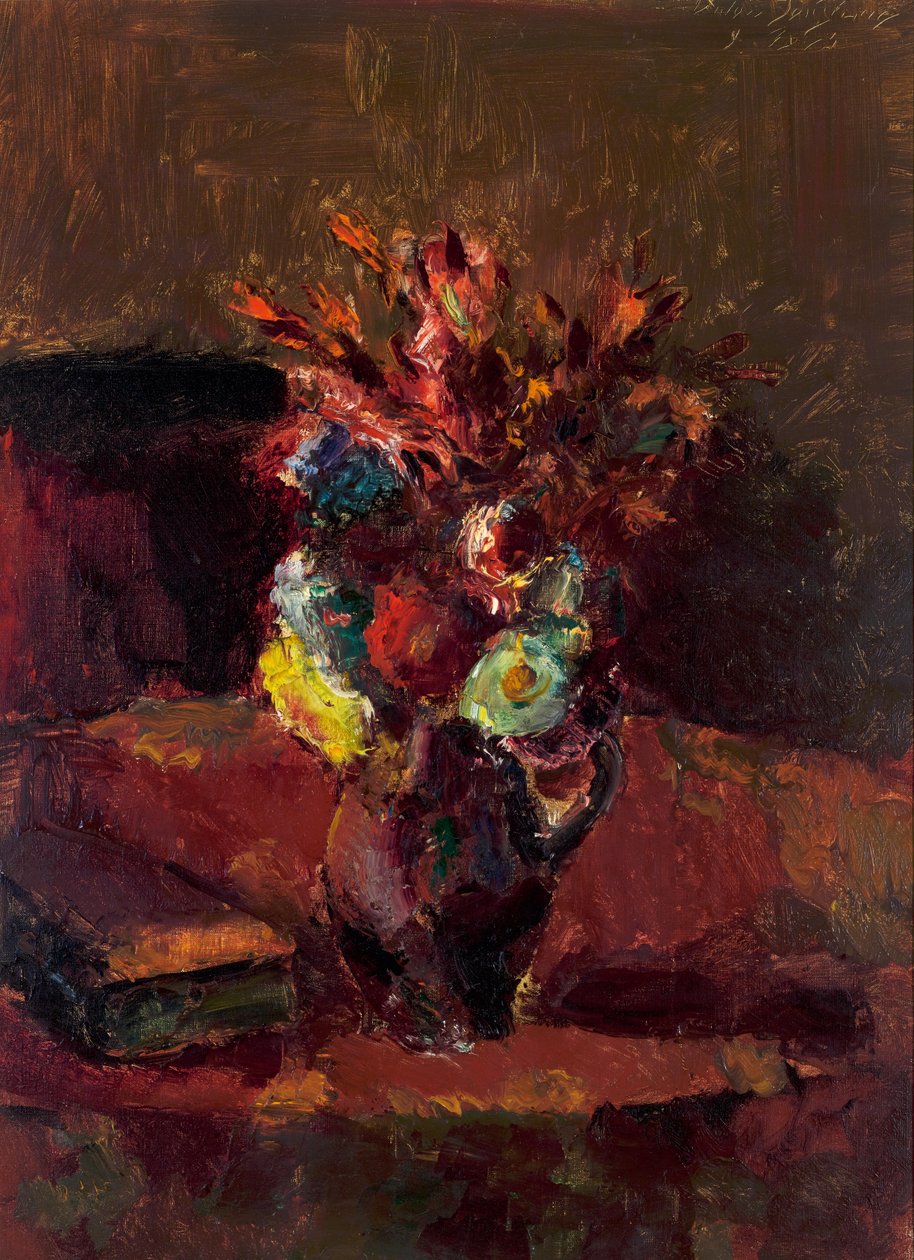 Ramo de flores con mantel rojo de Anton Faistauer