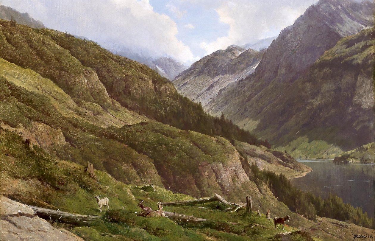 Alemán: Mountain landscape with grazing goats de Anton Hlavacek
