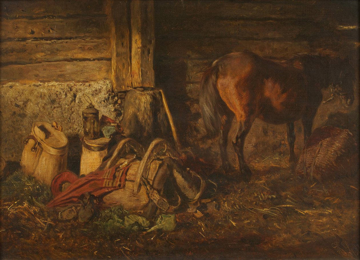 Interior de establo con caballo de Anton Schrodl