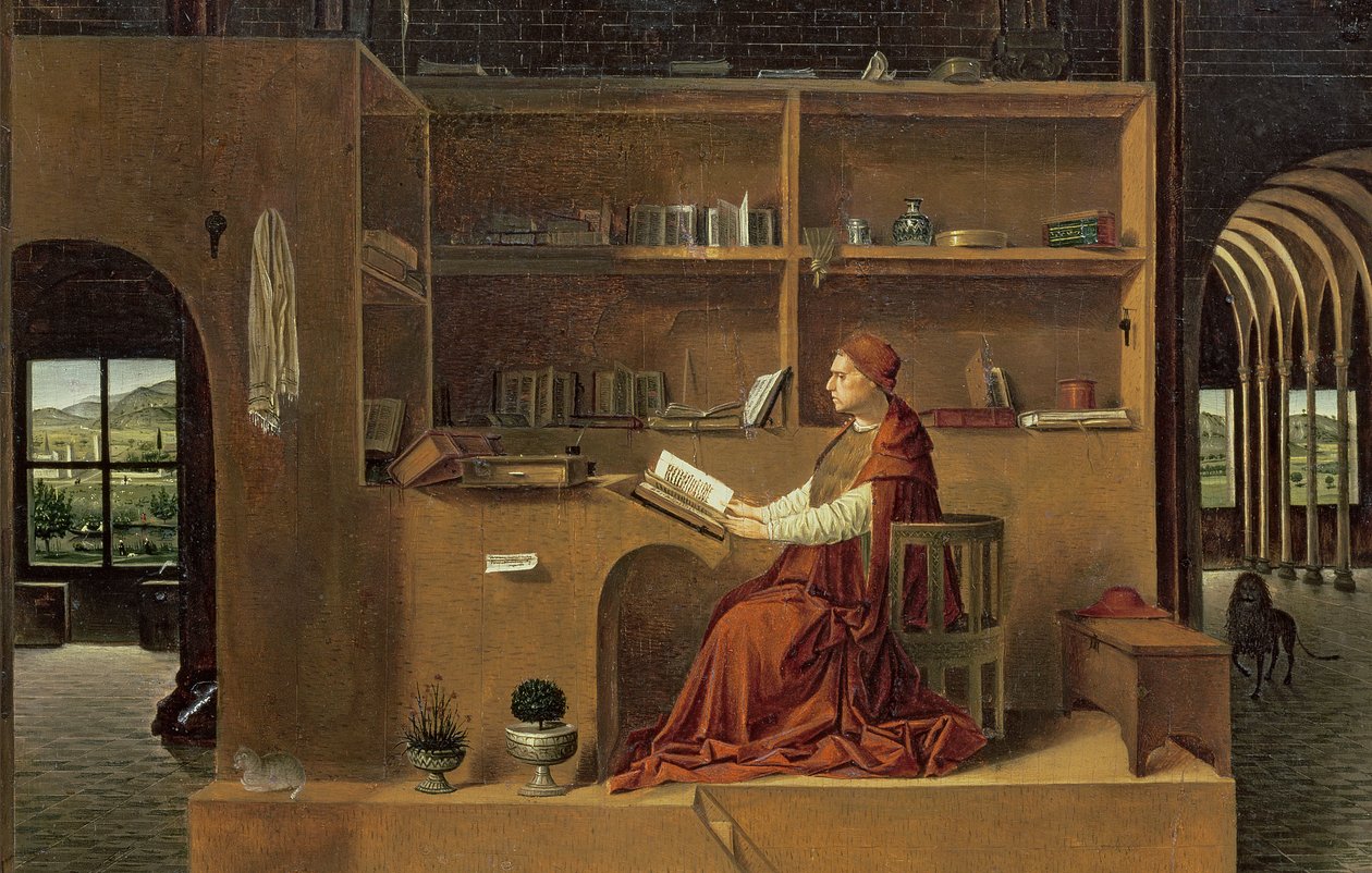 San Jerónimo en su estudio, c.1475 (detalle) de Antonello da Messina