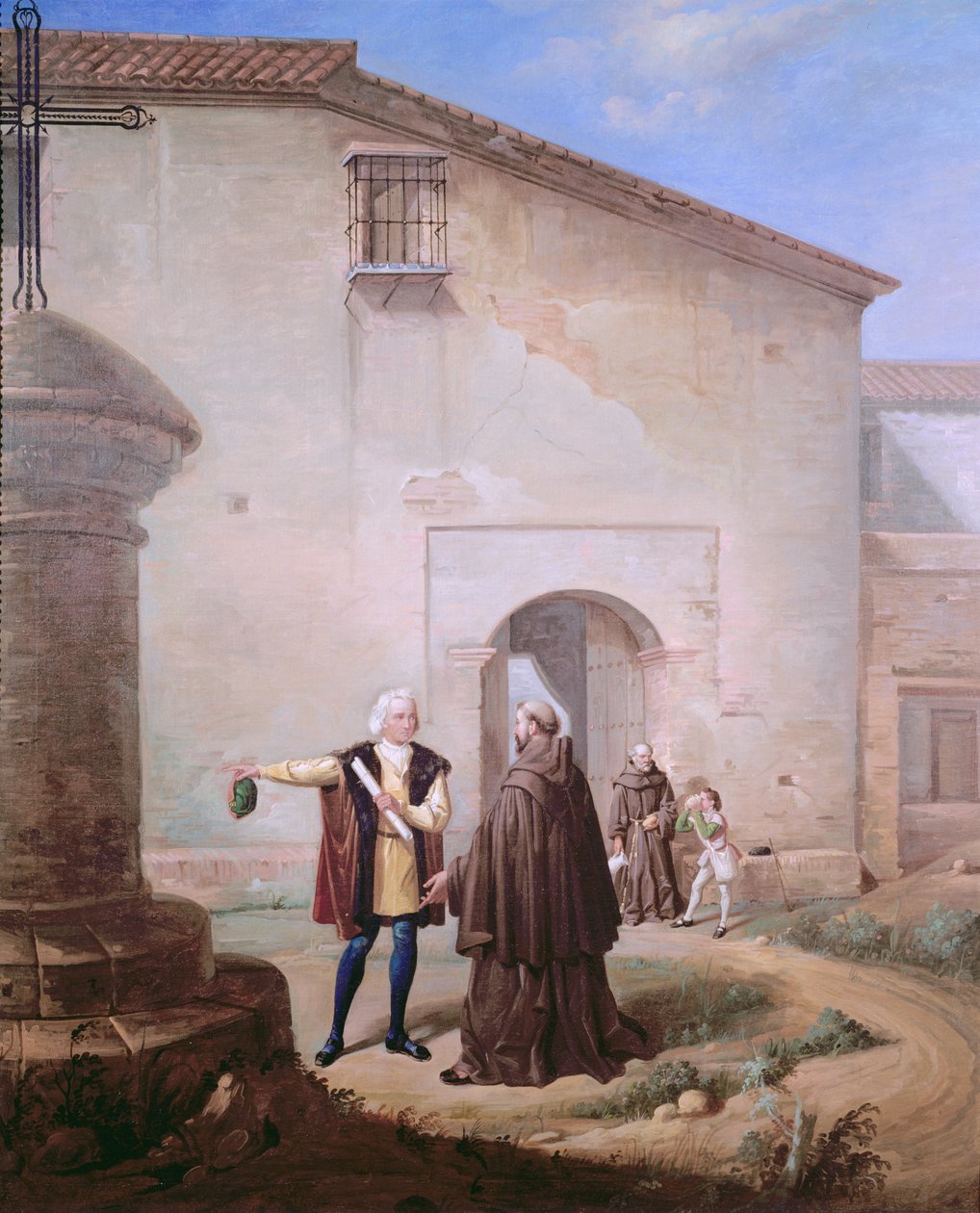 Los frailes franciscanos del Convento de Santa María de la Rábida dan pan y agua a Cristóbal Colón y su hijo Diego, 1858 de Antonio Cabral Bejarano