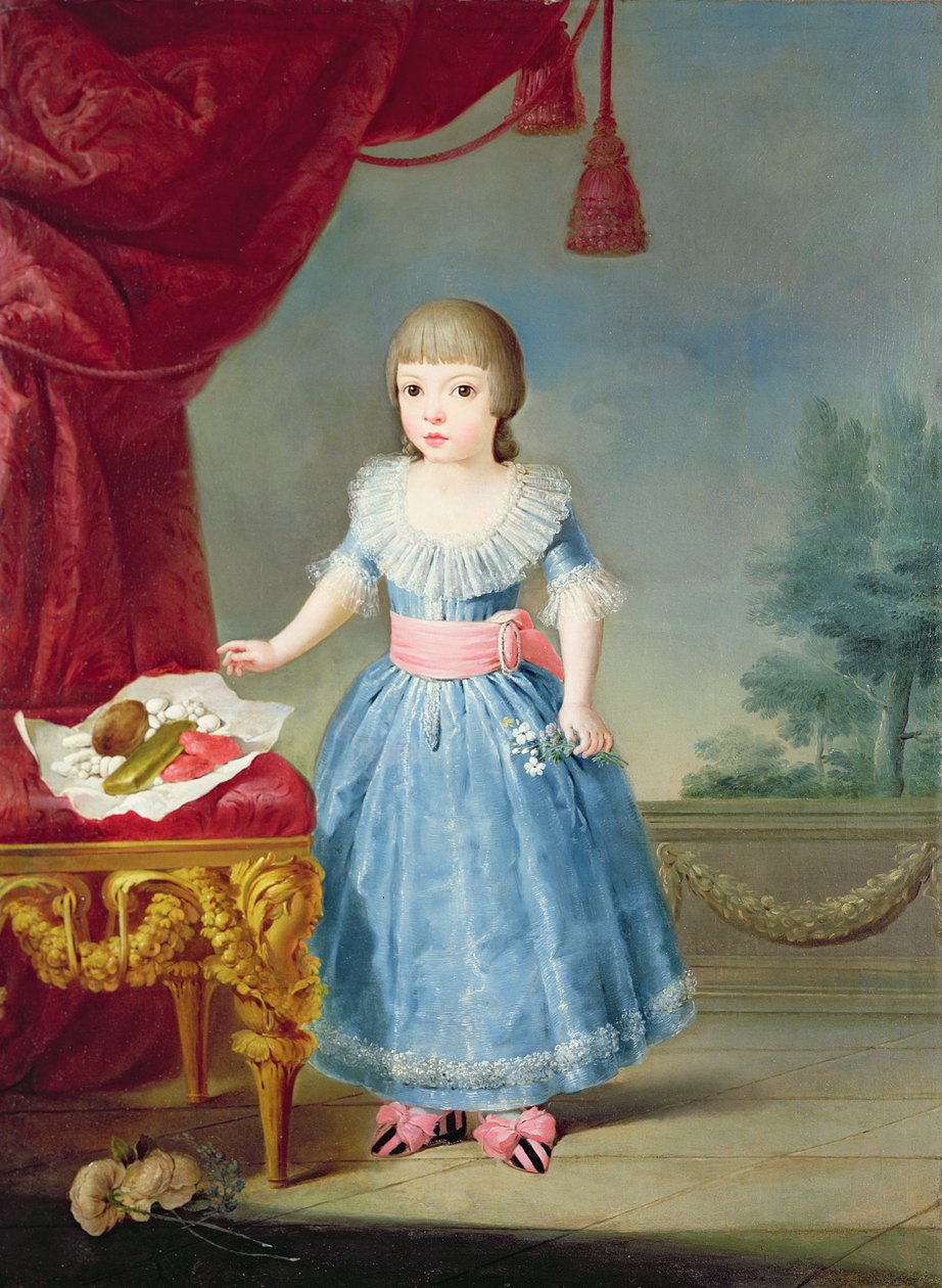 Niña en un vestido azul junto a una mesa de dulces de Antonio Carnicero