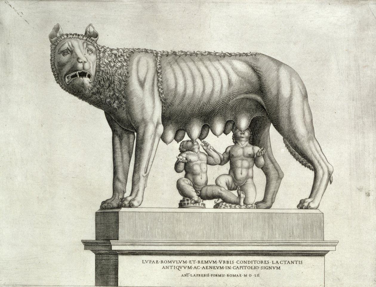 Dibujo del bronce etrusco de la loba amamantando a Rómulo y Remo, siglo V a.C., en el Museo Capitolino, 1552 de Antonio Lafreri