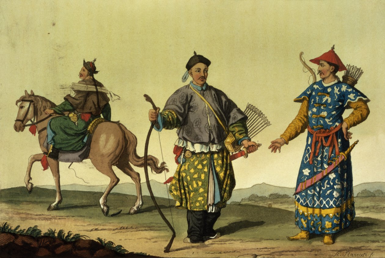 Soldados de las Ocho Banderas mongolas de las fuerzas militares de Ching, grabado por A. Rancati de Antonio Rancati