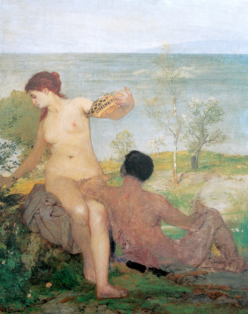 Niña y joven recogiendo flores de Arnold Böcklin