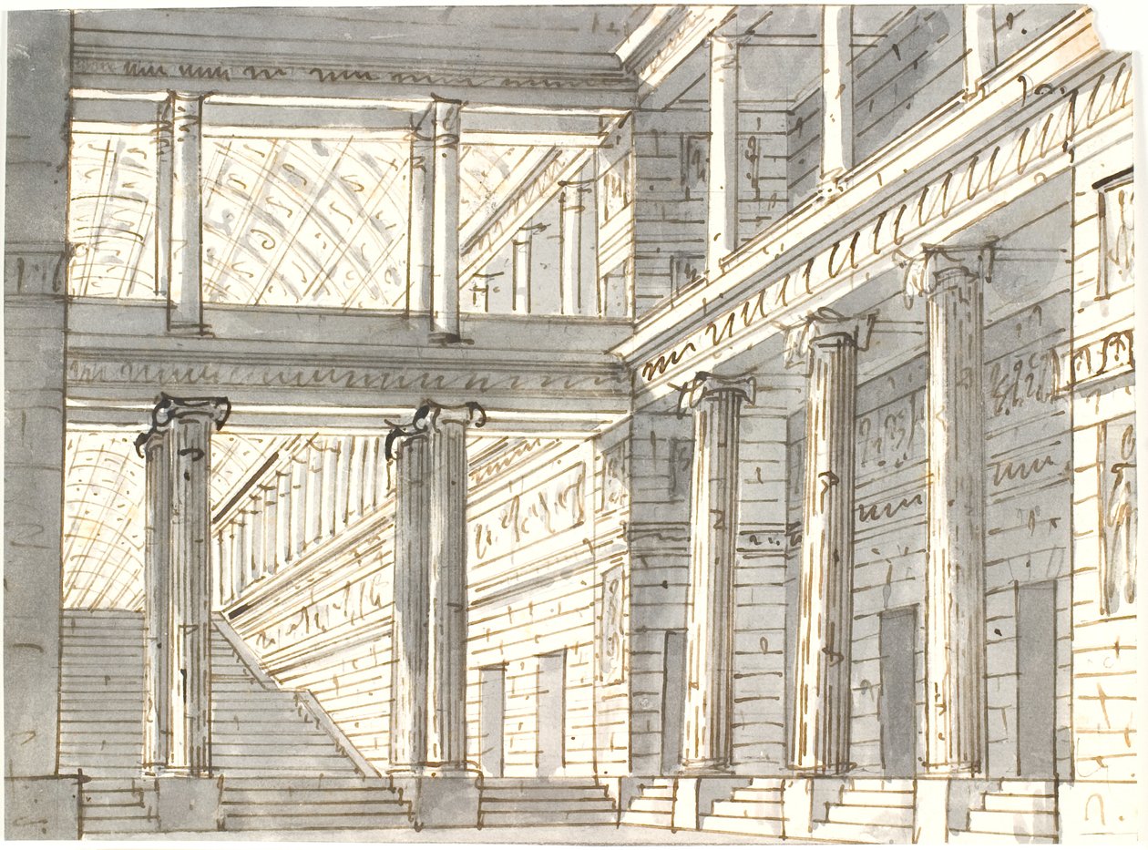 Interior del palacio con columnas y escalera de Aron Wallick