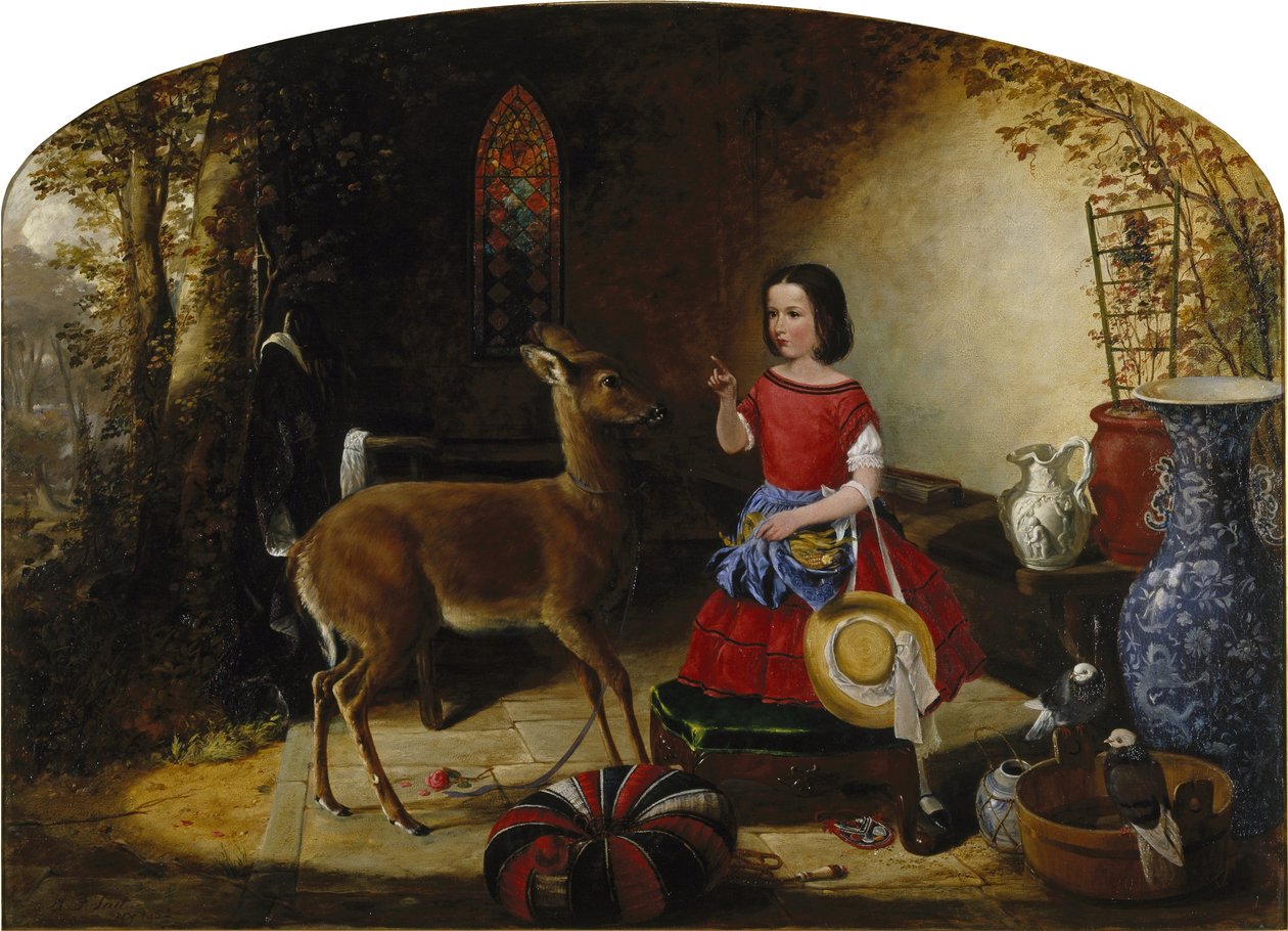 La reprimenda. ¡Ah! Travieso cervatillo, has estado comiendo las flores otra vez. de Arthur Fitzwilliam Tait