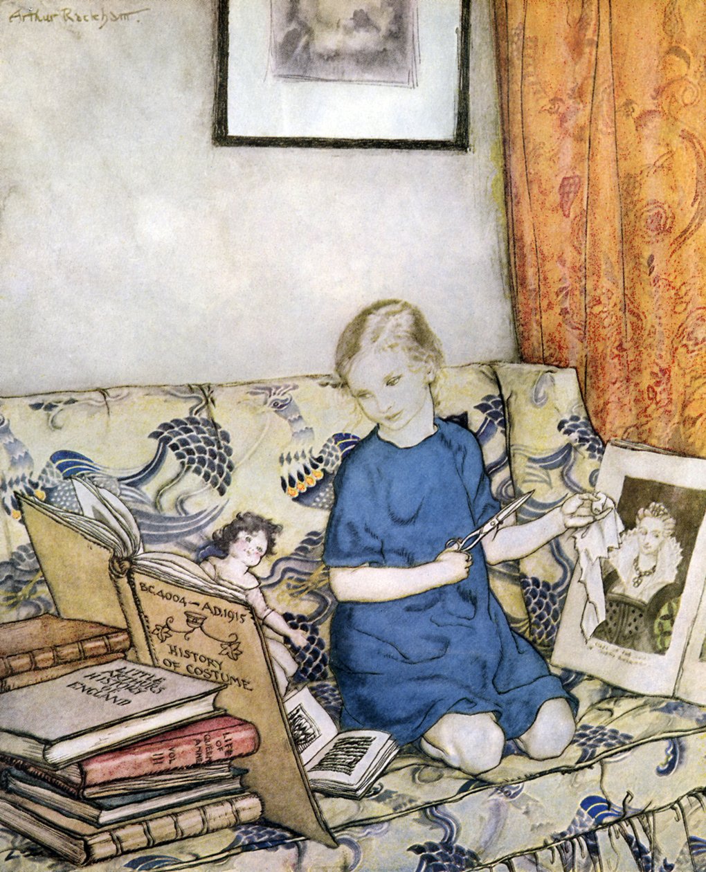 Niña haciendo un disfraz de Arthur Rackham