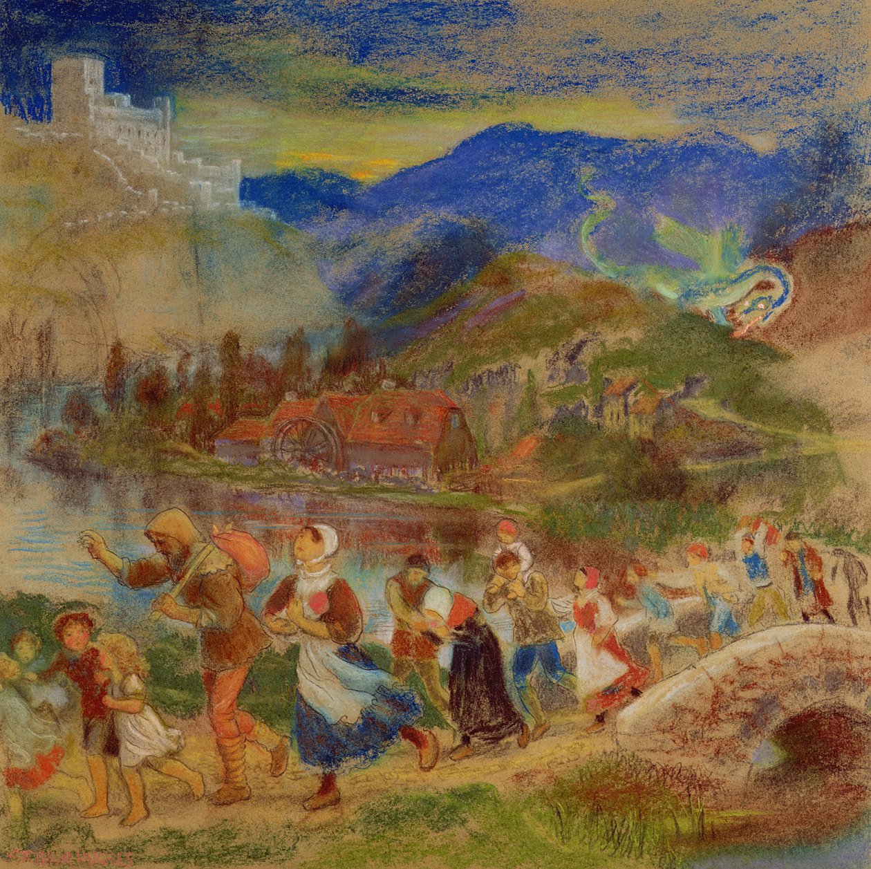 Aldeanos huyendo de un dragón de Arthur Hughes