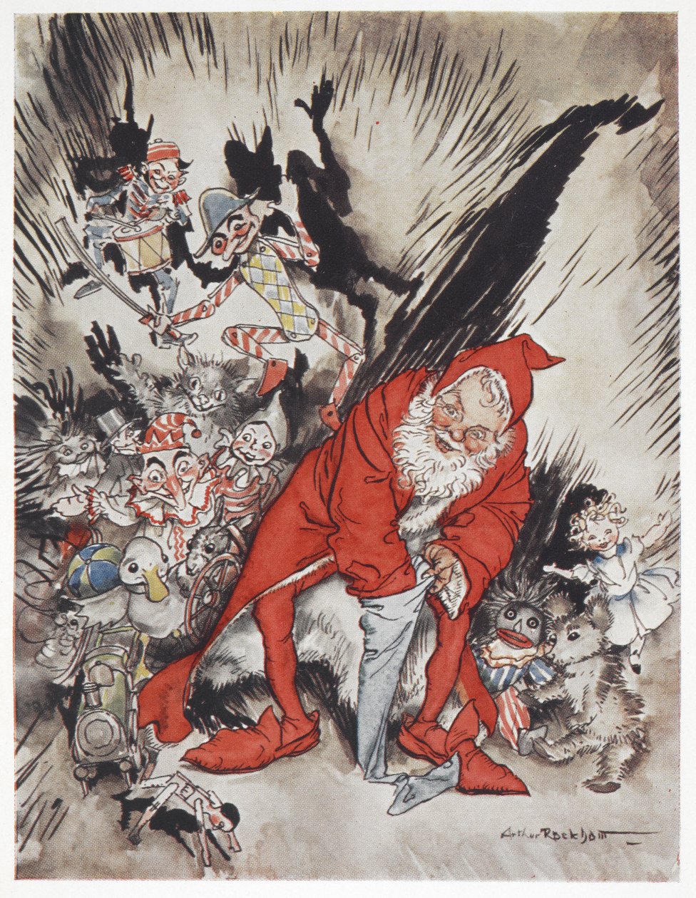 Papá Noel rodeado de regalos de Arthur Rackham