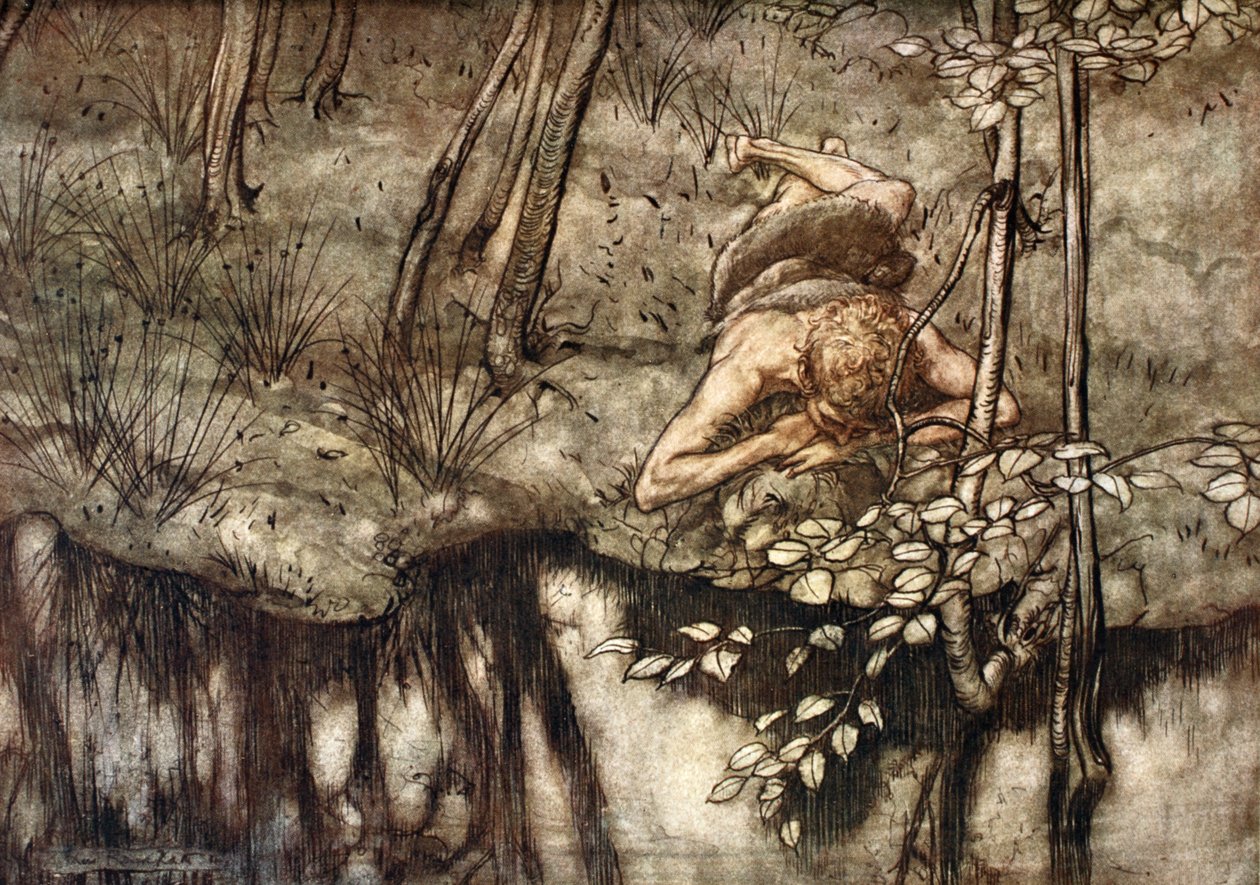 Siegfried se ve en el arroyo, 1924 de Arthur Rackham