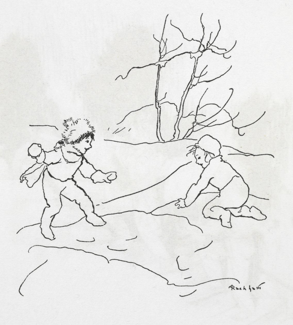 Dos niños en una pelea de bolas de nieve de Arthur Rackham