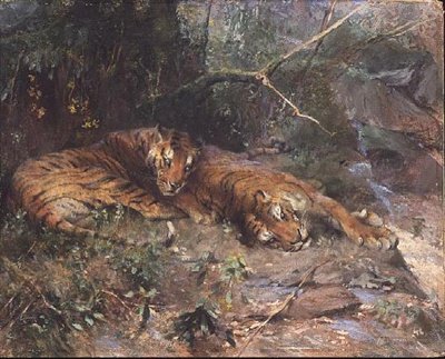 Tigres descansando junto a un arroyo de Arthur Wardle