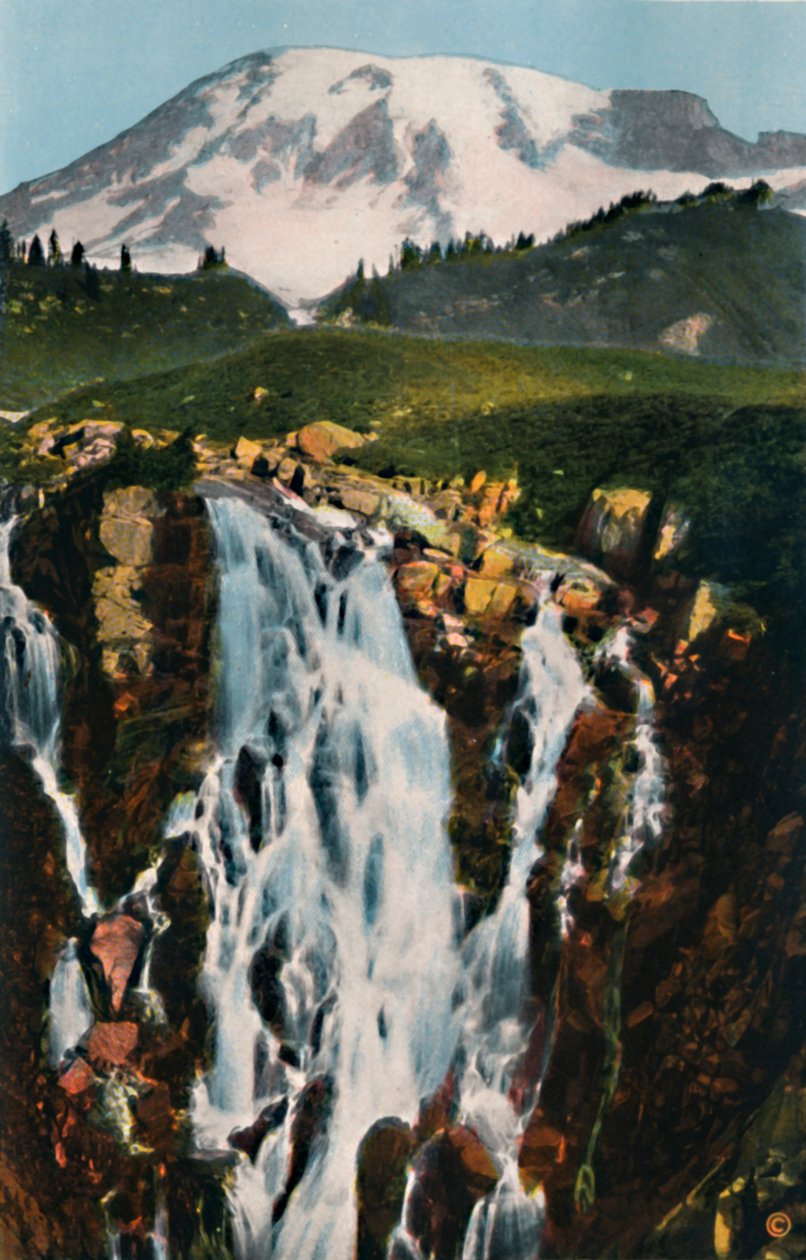 Cascada Myrtle y Monte Rainier, c1916 de Asahel Curtis