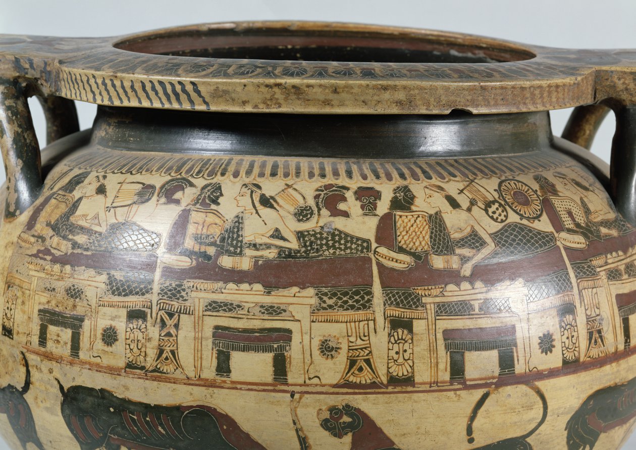 (detalle) de un crátera corintio con una escena de banquete, c.590-575 a.C. de Athana Painter