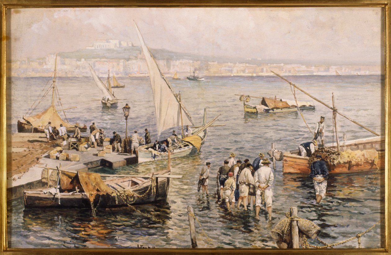 Puerto deportivo con pescadores (acuarela) de Attillo Pratella