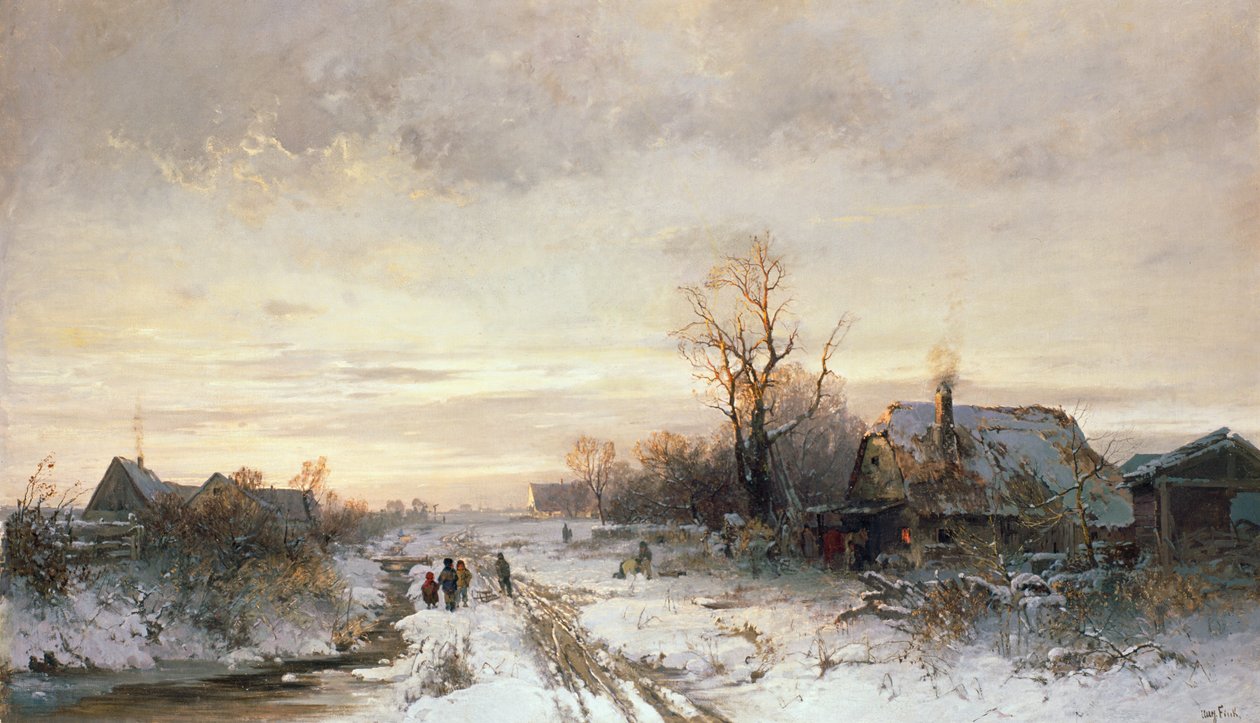 Niños jugando en un paisaje invernal de August Fink