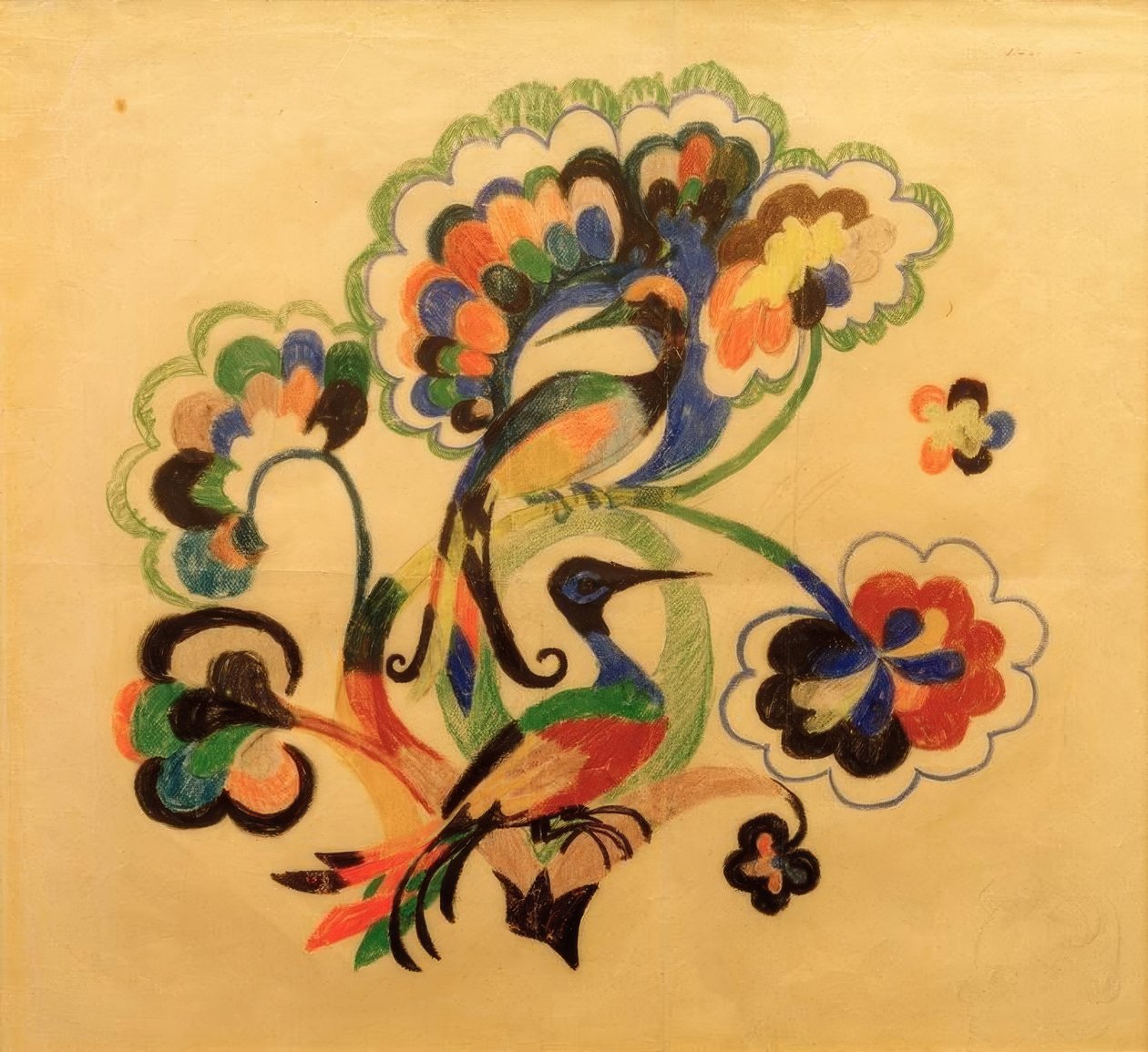 Pájaros coloridos en árboles, diseño para bordado de August Macke