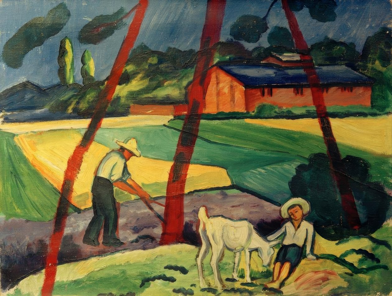 Paisaje con campesino, niño y cabra de August Macke