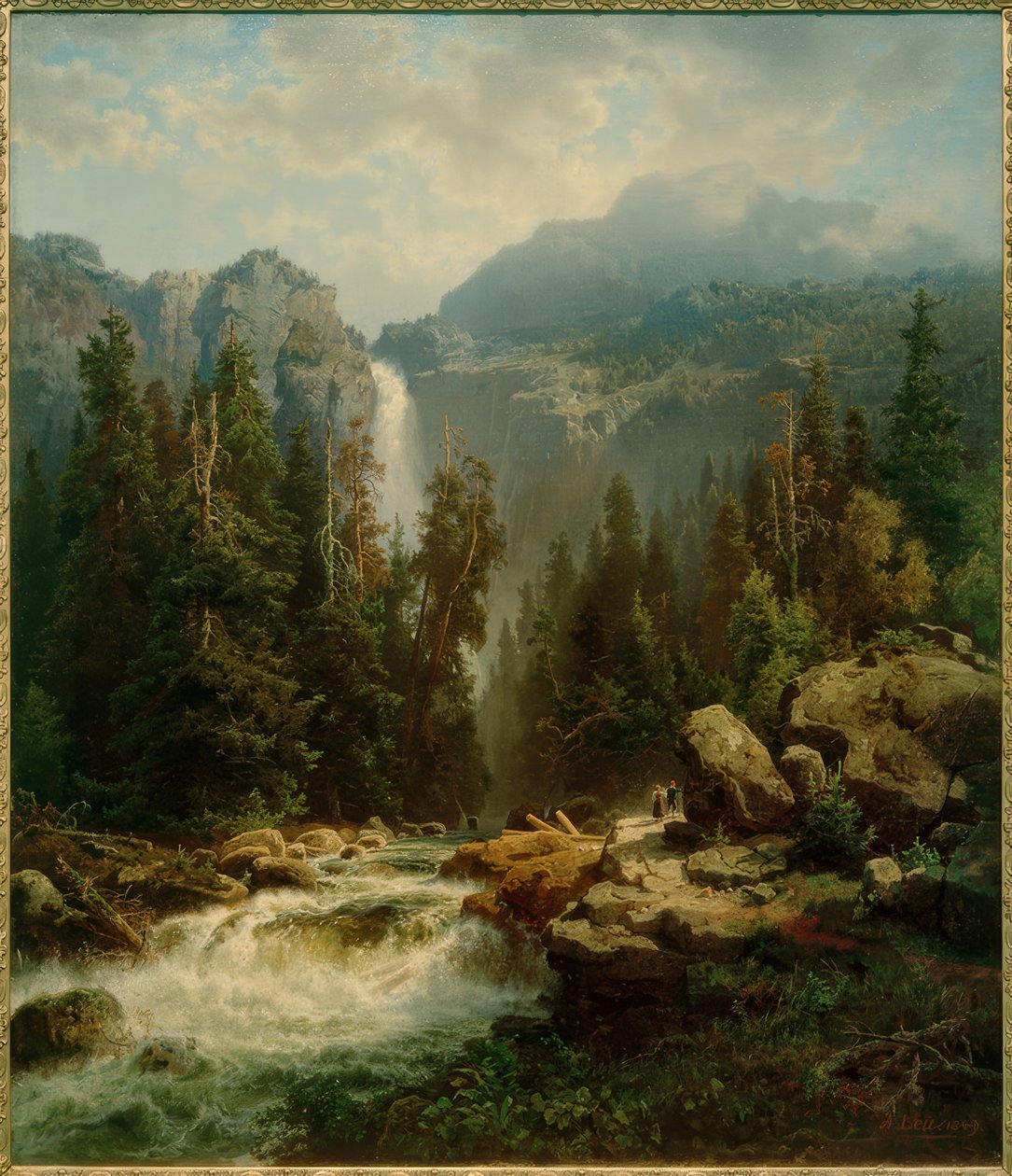 Paisaje noruego con cascada de August Wilhelm Leu